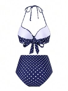 SHEIN Swim 2 piezas Conjunto de Bikini de cintura alta con control de abdomen, estilo vintage elegante con lunares, color azul para verano