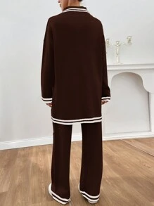 EURMUSE Women Stripe Pattern Pocket Detailed Front Button Cardigan & Sweater Pants Set - Brown - View 3