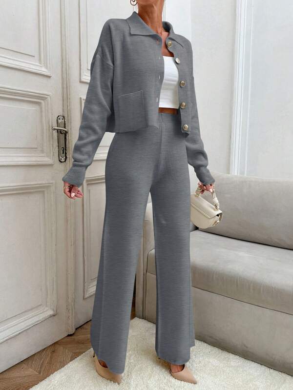 EURMUSE Korean Style Ribbed Polo Collar Knit Cardigan With Metal Buttons, 2pcs Set For Slouchy Chic