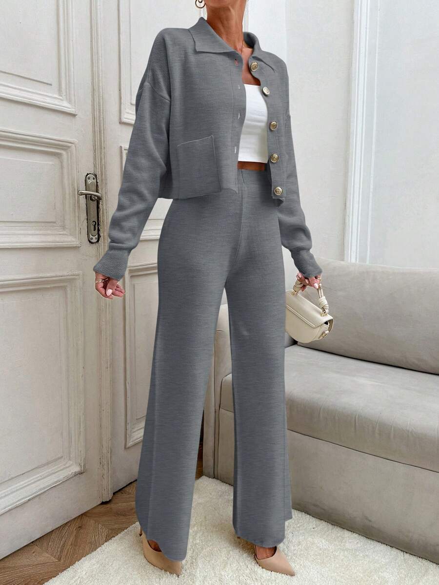 EURMUSE Korean Style Ribbed Polo Collar Knit Cardigan With Metal Buttons, 2pcs Set For Slouchy Chic - Light Grey - View 1