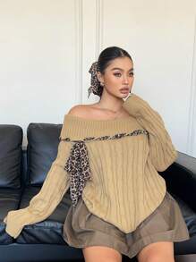 SHEIN Unity Plus Size Sexy Open Shoulder Leopard Print Ribbon Cable Knit Pullover Sweater, Autumn/Winter Knit Pullover Fall - Apricot - View 6
