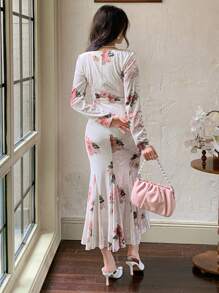 DAZY Women Velvet Casual Dress, Spring/Fall,Ruffle Long Sleeve Dress Floral - Multicolor - View 5