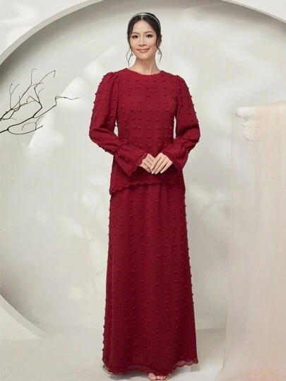 Graceveil Baju Kurung Women Solid Color Round Neck Long Sleeve Swiss Dot Minimalist Top And Skirt Casual Suit Modest