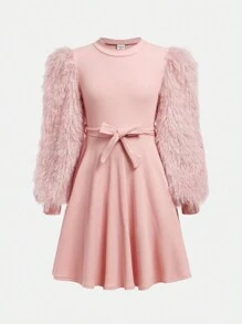 SHEIN Tween Girls' Nova Store Knit Crew Neck Fluffy Long Sleeve Dress - Pink - View 1