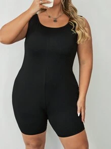 SHEIN CURVE+ Bộ đồ liền thân không tay cổ vuông màu trơn cỡ lớn - màu đen - Xem 4