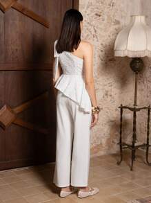 VERO DIAZ Designer Women's Business Casual Elegant White Lace Asymmetrical Neck Ruffled Hem Sexy Sleeveless Top, Going Out, Spring, Festival, Office - White - View 3