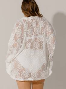Aralina Curve Floral Lace Detailed Long Sleeve Sheer Cover Up Blouse - White - View 2