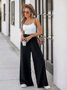 SHEIN LUNE Pantalones anchos de cintura alta casuales para mujer, negro - Negro - Ver 5