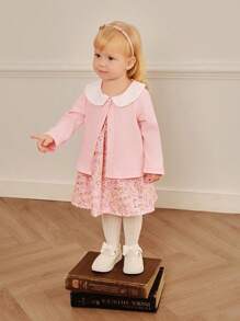 SHEIN 2pcs/Set Baby Girl Peter Pan Collar Ditsy Floral Ruffle Short Sleeve Dress & Solid Color Button Front Long Sleeve Jacket Set - Pink - View 1