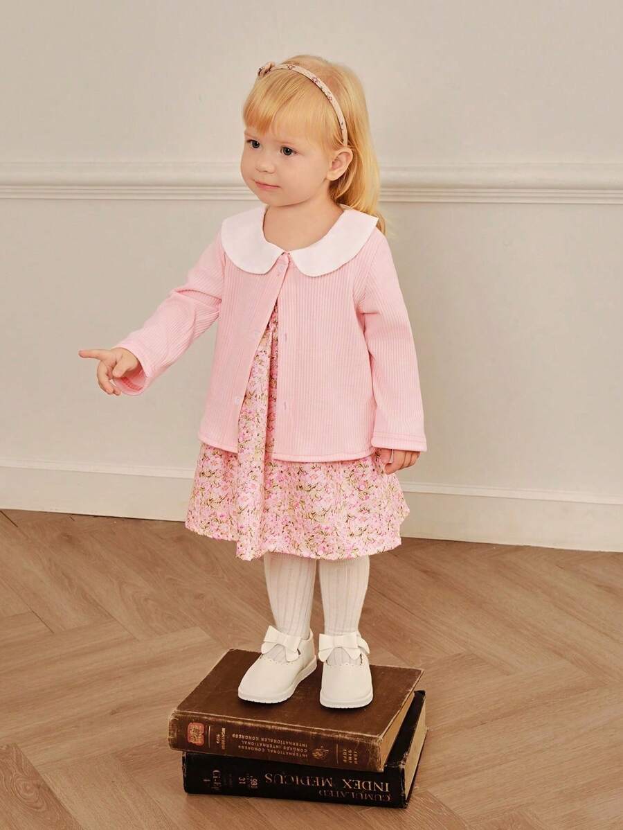 SHEIN 2pcs/Set Baby Girl Peter Pan Collar Ditsy Floral Ruffle Short Sleeve Dress & Solid Color Button Front Long Sleeve Jacket Set - Pink - View 1