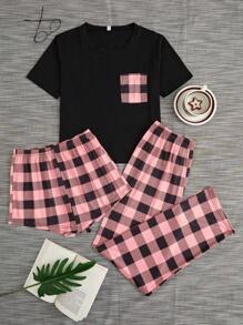 女士格子口袋短袖衬衫和短裤/长裤两件套睡衣套装，休闲 - 彩色 - 查看 1