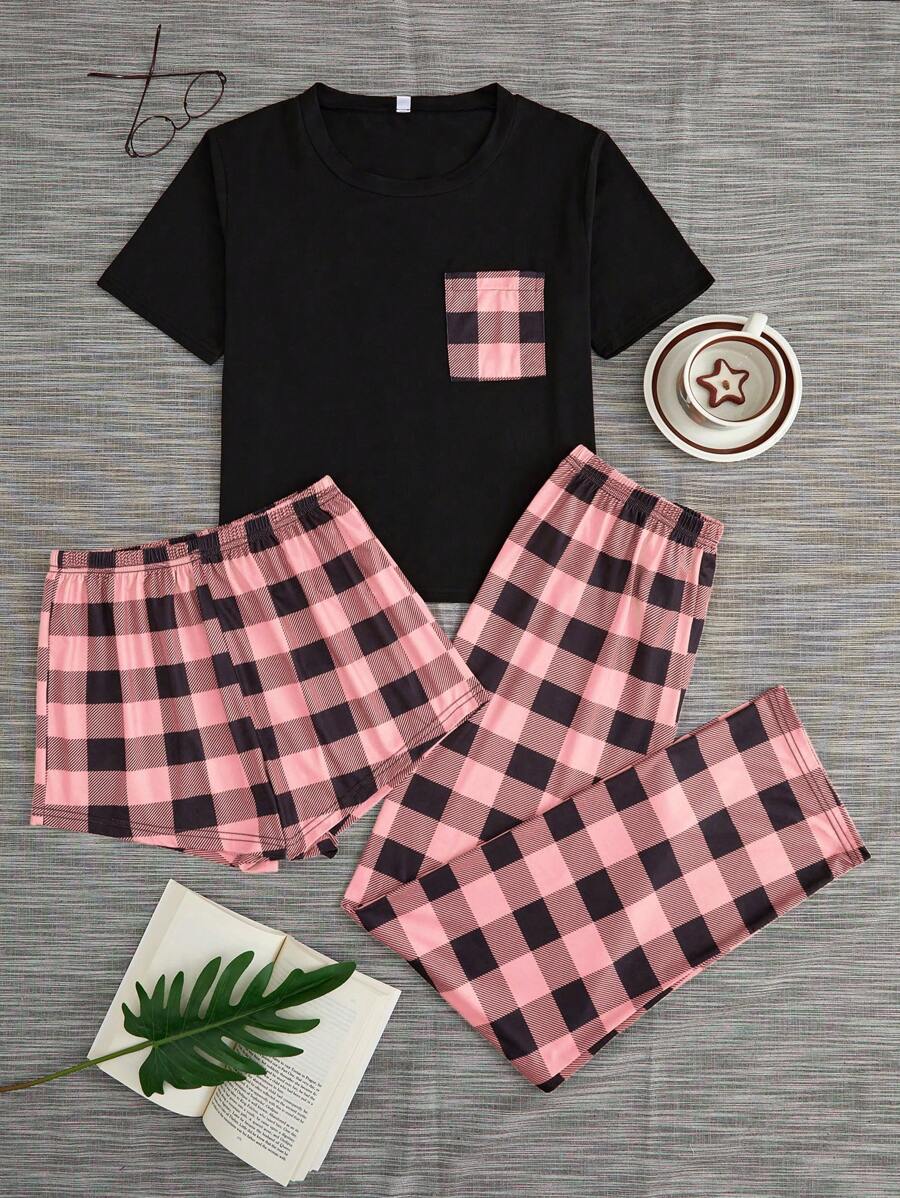 女士格子口袋短袖衬衫和短裤/长裤两件套睡衣套装，休闲 - 彩色 - 查看 1
