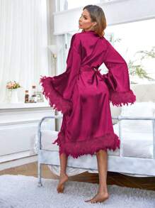 Áo choàng satin thắt lưng viền lông mịn Luxeloungewear, Thu - Màu Hồng Tươi - Xem 2