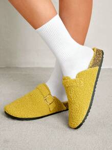Solecia Women's Round Toe Fuzzy Slip-On Flat Mules Spring Shoes Spring Break Easter For Christmas - Yellow - View 6