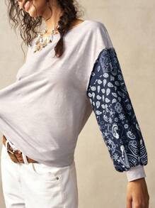 Bohemela 女士休闲针织拼布圆领 3/4 袖宽松 T 恤 - 灰色 - 查看 4