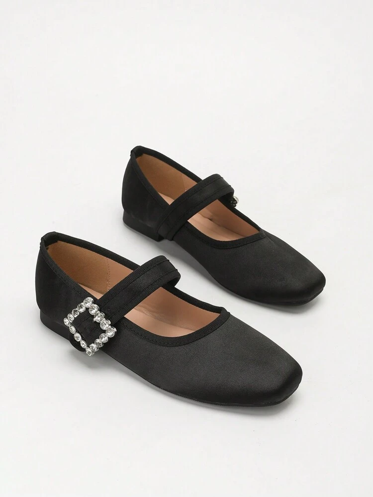 CUCCOO DOLLMOD Women's Crystal Buckle Square Toe Ballet Flats, Sweet Retro Elegant Black Satin Precision Mary Jane Flat Shoes Valentines