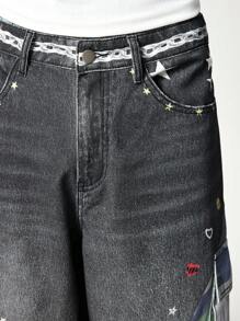 ROMWE MEN Street Life 男士时尚洗水做旧迷彩拼布工装牛仔裤 - 彩色 - 查看 2