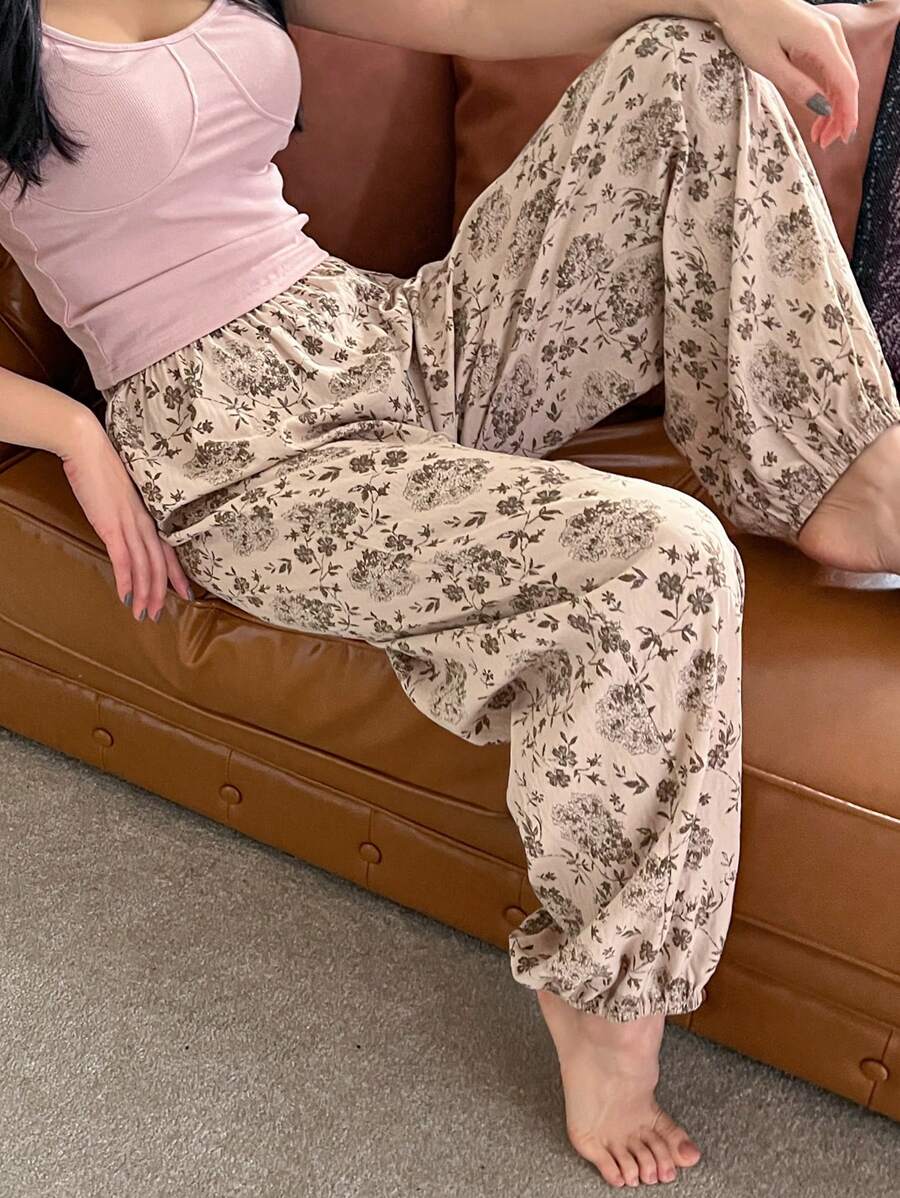DAZY Floral Pattern Loose Fit Pajama Bottoms - Khaki - View 1
