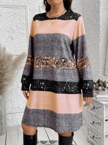 SHEIN LUNE Plus Size Women's Striped Round Neck Long Sleeve Loose Casual Dress, Spring And FallHoliday OutfitsGlitter Dress Party Dresses For Women - Coral Orange - View 6
