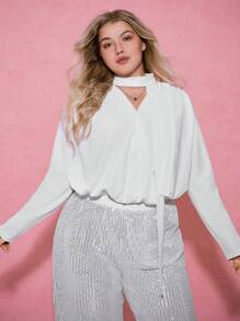SHEIN EZwear Plus Size Solid Color Halter V-Neck Long Sleeve Bodysuit - White - View 6