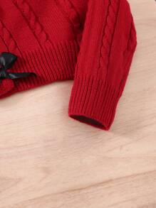 SHEIN Tween Girl Red And Black Ribbon Bow Decor Retro Textured Cardigan,Autumn Casual School Back-To-School Round Neck Loose Long Sleeve Sweater For Kids - Burgundy - View 3