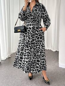 SHEIN LUNE 大码秋季休闲豹纹长裙超长女装 - 黑色 - 查看 5