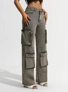 SHEIN ICON Jeans rectos holgados y casuales de mujer, estilo grunge desgastado y desgarrado - Gris - Ver 5