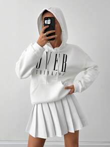 SHEIN PETITE 棉质字母图案袋鼠口袋落肩抽绳连帽衫