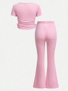 SHEIN Girlism Tween Girls 2 Pieces Set Includes Solid Color Ribbed Knit Crew Neck Pullover And Flared Pants, Casual & Comfy - Pink - View 2