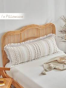 1pc Khaki Pom Pom Tasseled Polyester Long Pillow Case, Minimalist Boho Style Polyester Pillowcase Suitable For All Seasons - Khaki - View 1