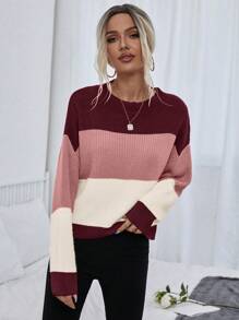 SHEIN LUNE Suéter con bloque de color y hombros caídos, blusas de manga larga