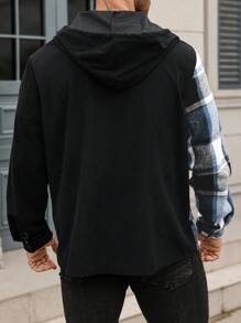 Manfinity Homme 大码男士休闲格子拼接抽绳连帽外套，秋季 - 彩色 - 查看 2