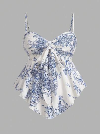 Sweetra Top camisero asimétrico con nudo central delantero, espalda elástica, tela texturizada y estampada, talla grande para verano