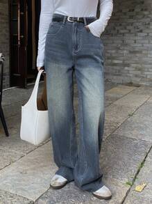 DAZY Distressed Faded Frayed Hem Pocket Straight Leg Women Jeans - Blue - View 3