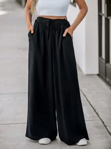 SHEIN LUNE Pantalones anchos de cintura alta casuales para mujer, negro - Negro - Ver 1
