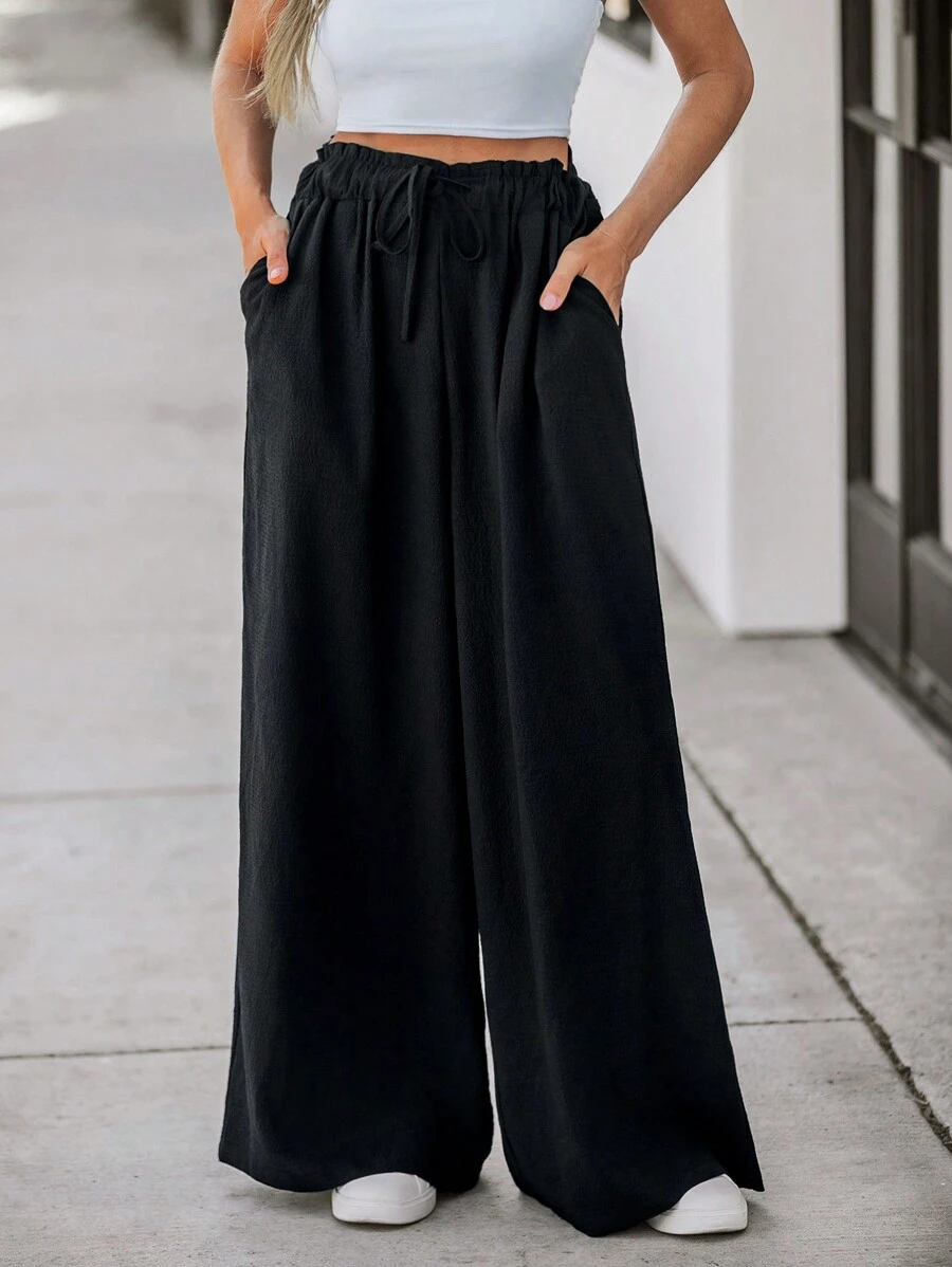 SHEIN LUNE Pantalones anchos de cintura alta casuales para mujer, negro - Negro - Ver 1