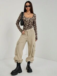 SHEIN PETITE Women's Leopard Print Long Sleeve Bodysuit