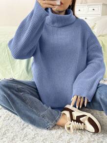 Flirla Plus Size Solid Color Turtleneck Long Sleeve Simple Pullover Sweater, Casual Everyday Wear Knit Pullover Fall Winter Sweater - Baby Blue - View 8