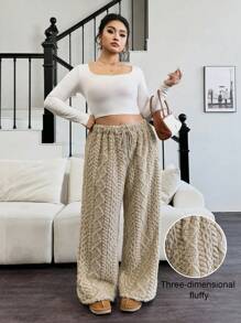 Calvaya Pantalones rectos, sueltos y de talle elástico con textura térmica para mujer de talla grande, para invierno