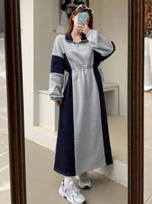 DAZY 女式休闲拼色抽绳腰长裙，秋季连衣裙 - 灰色 - 查看 2