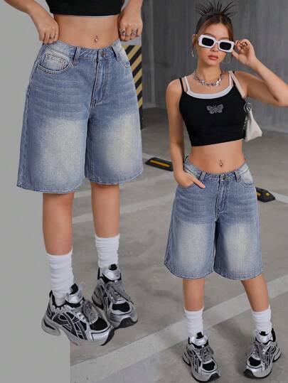 SHEIN Teen Girl Y2K 2000s Retro Washed Boyfriend Baggy Casual Denim Wide Leg Knee Length Jeans Shorts, Girls Fall Back To School Streetwear