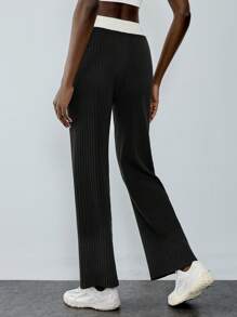SHEIN Unity 女士简约拼色休闲系带毛衣和裤子套装，秋冬 - 黑色 - 查看 2