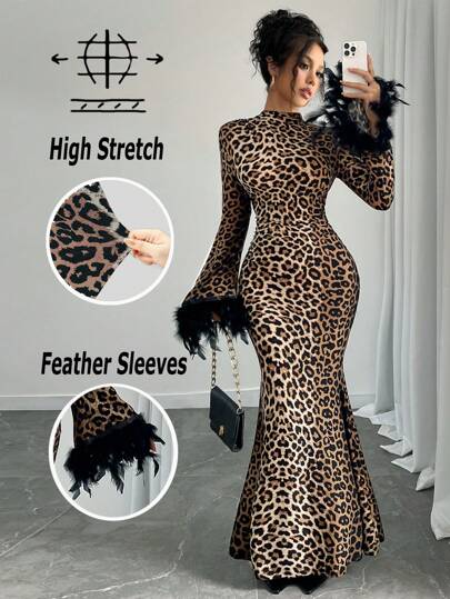 Rafferiza Women's Leopard Print Sexy Black Feather Splicing Bell Sleeves Elegant Holiday Party Autumn And Winter Mermaid Hem Long Dress Maxi Women Outfit Fall Cloth For Women