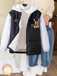 SHEIN 青少年男孩休闲校园字母印花图案保暖衬里缝制徽章拼接袖连帽加厚编织冬季外套，绗缝外套 - 黑與白 - 查看 7