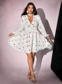 Viva Relle Váy ngắn thường ngày họa tiết trái tim cổ chữ V dài tay cỡ lớn, ngày lễ tình nhân - trắng - Xem 3