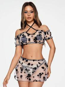 ROMWE Goth 深色花卉印花植绒泡泡袖系带性感内衣套装