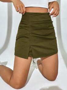 SHEIN EZwear Summer Outfits Black Solid High Waist Split Hem Skort - Army Green - View 4