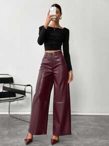 Siren Gaze Women's Burgundy Red Leather Women Pants Plain Front-Button Minimalist Casual Pants, Daily Wear, Women Bottoms Christmas Winter New Year Elegant Valentine's Day Spring - Burgundy - View 2