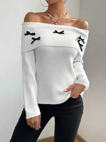 SHEIN Unity 女士秋冬翻领露肩蝴蝶结修身优雅长袖针织套头衫 - 白色 - 查看 4