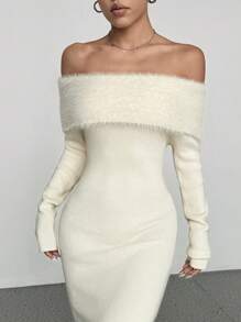 EgrlEra Off-Shoulder Long Fitted Sweater Dress, Solid Color Fall Cloth For Women - Apricot - View 5